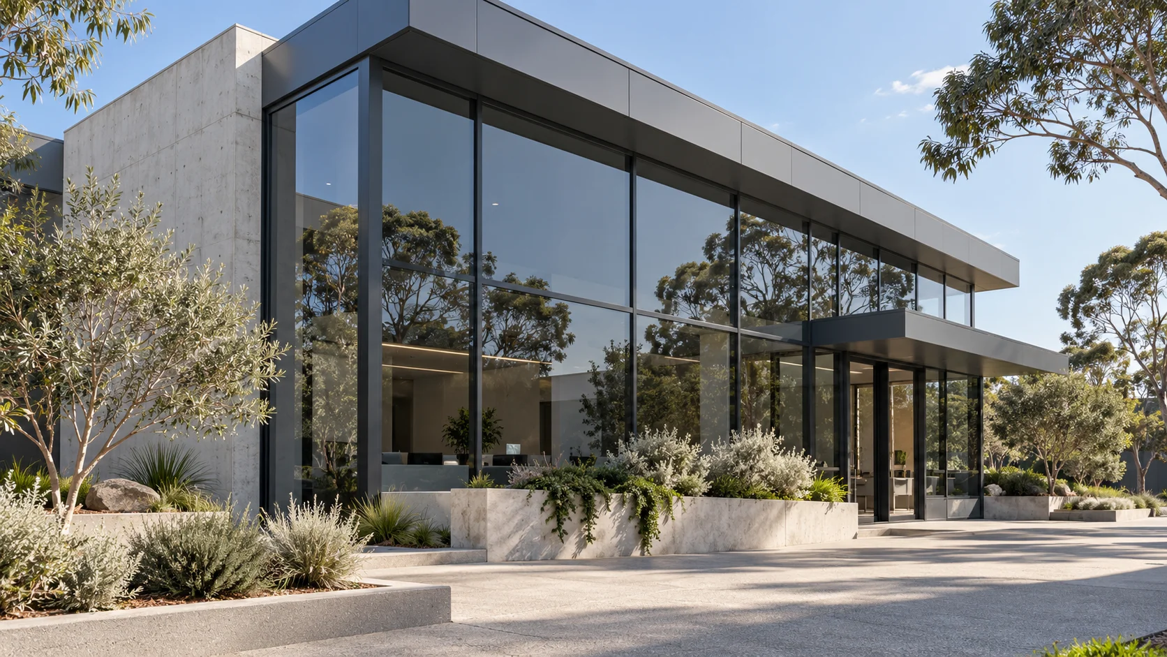 Illustrative commercial building with a glazed facade