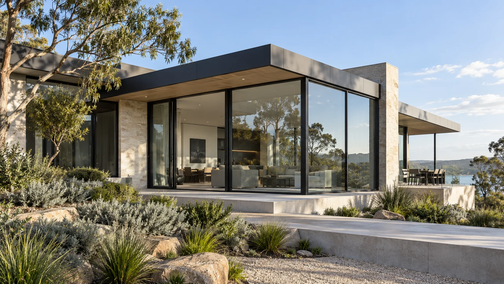 Illustrative modern residence with large glass windows