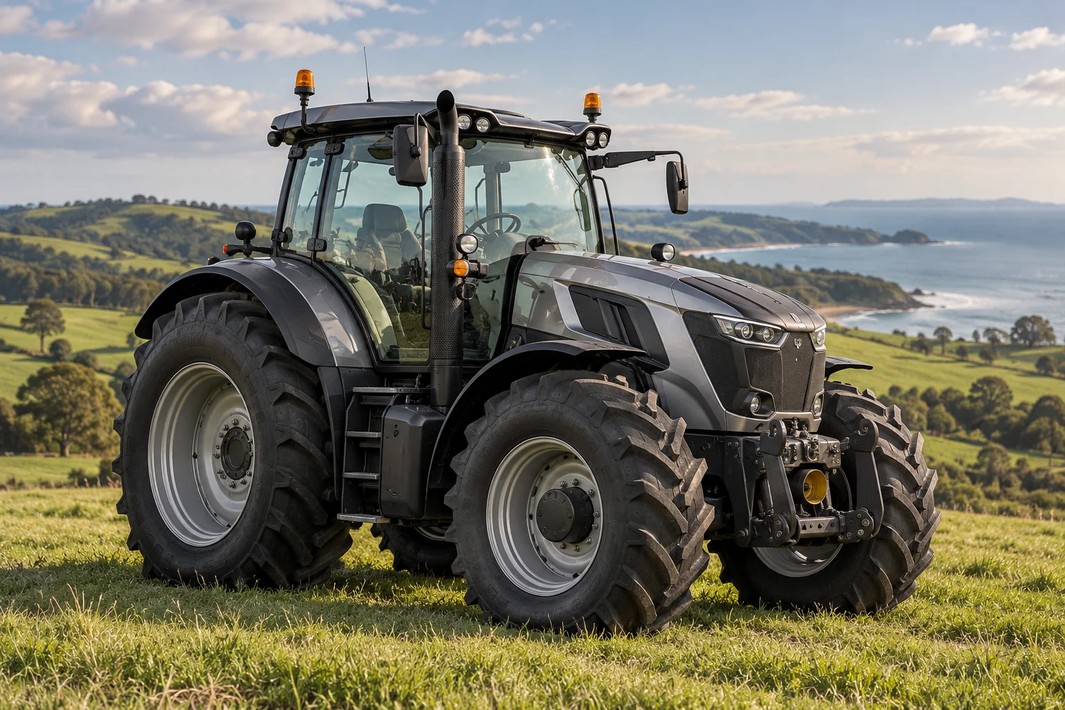 Illustrative agricultural tractor with a glazed cabin on farmland